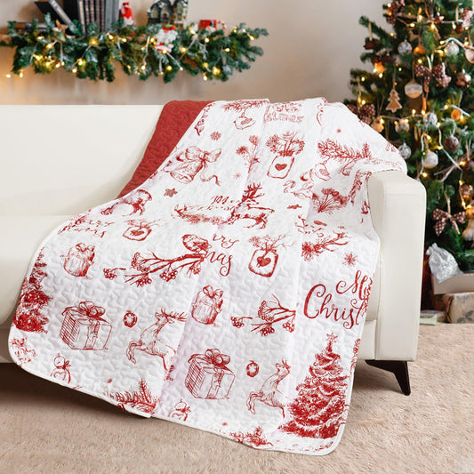 Exclusivo Mezcla Christmas Reindeer Pattern Quilted Throw Blanket for Bed/Couch/Sofa, Microfiber Holiday Decorated Throw Quilt Soft and Lightweight (50"x 60", White)