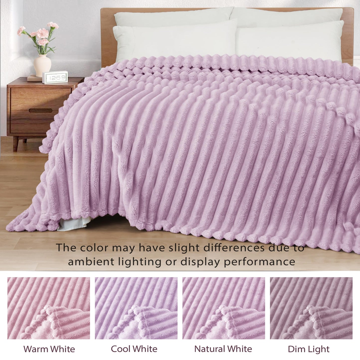 Exclusivo Mezcla Twin Size Flannel Fleece Blanket, Super Soft 3D Striped Jacquard Blanket for Bed, Lightweight Fuzzy Cozy Blankets, Light Purple, 60"x80"