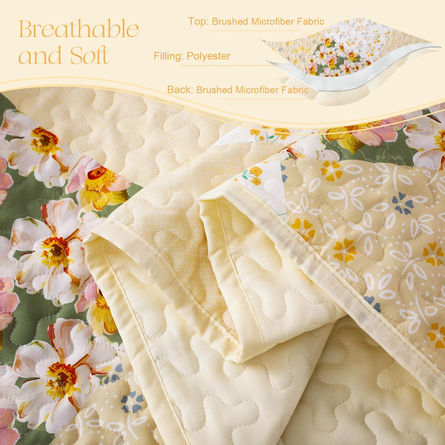 Exclusivo Mezcla Reversible Boho California King Quilt, Yellow Soft Bedspreads Lightweight Coverlet All Season Patchwork Quilts Bedding Set with Printed Floral Pattern (1 Quilt, 2 Pillow Shams)