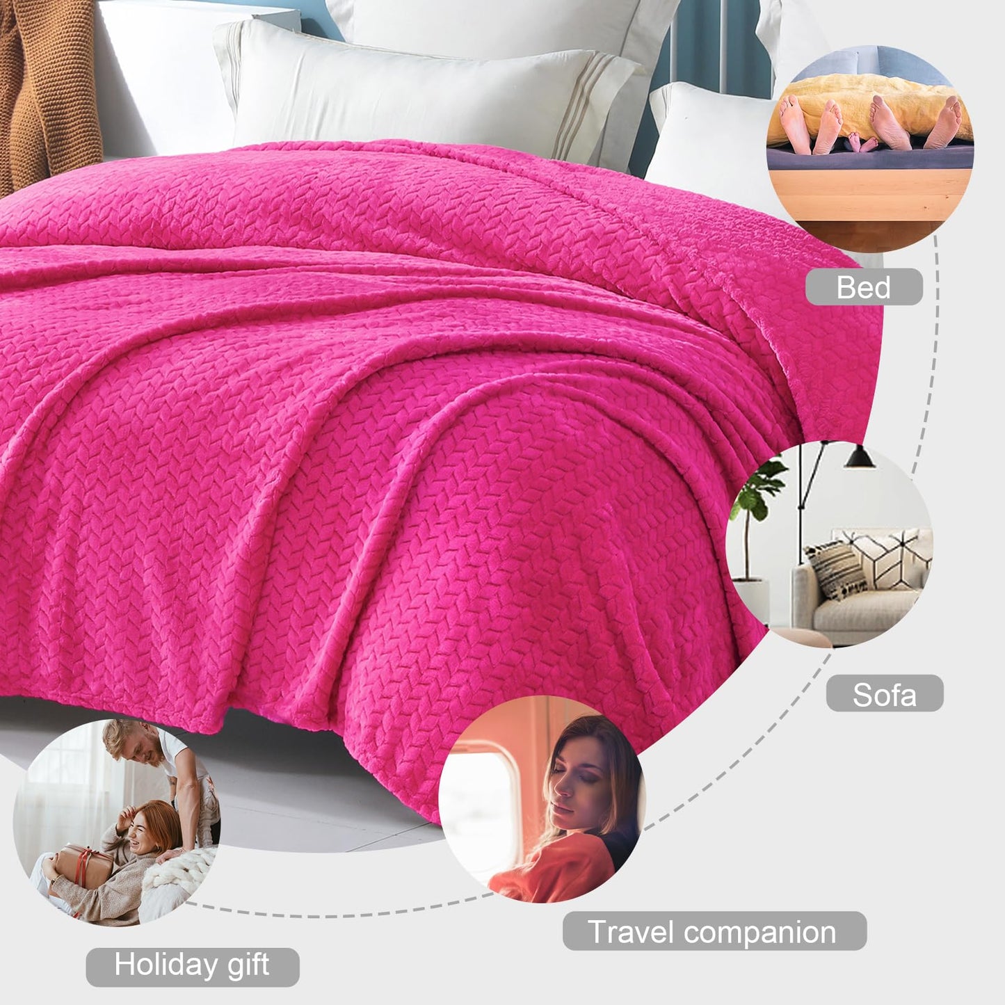 Exclusivo Mezcla Fleece King Size Blanket for Bed, 90x104 Inches Soft Cozy Jacquard Flannel Blankets, Lightweight Fuzzy Plush Warm for Women, Hot Pink