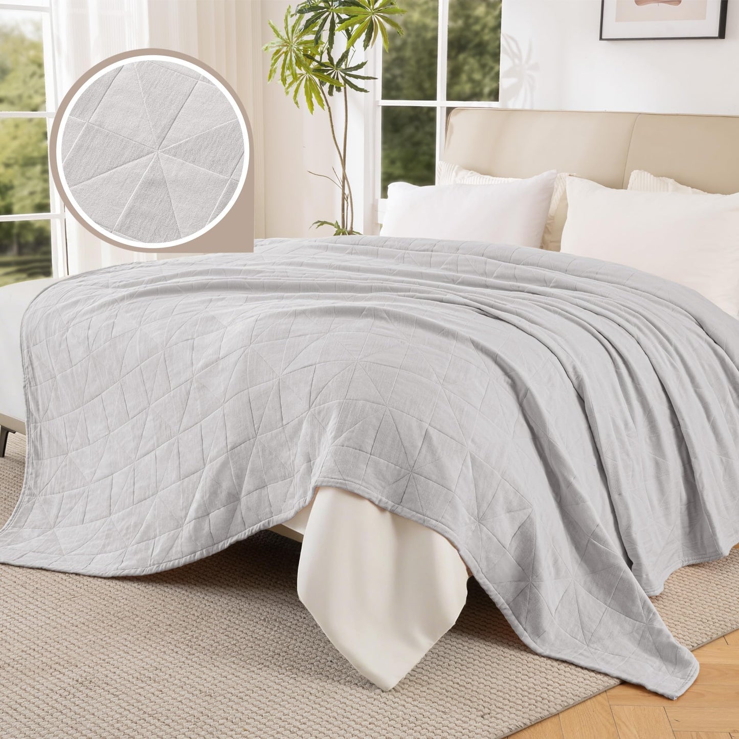 Exclusivo Mezcla 100% Cotton 4 Layers Muslin Twin Blanket for Dorm, Moisture-wicking and Breathable Gauze Blanket with Geometric Pattern for Year Round Comfort, 60"x80", Light Grey