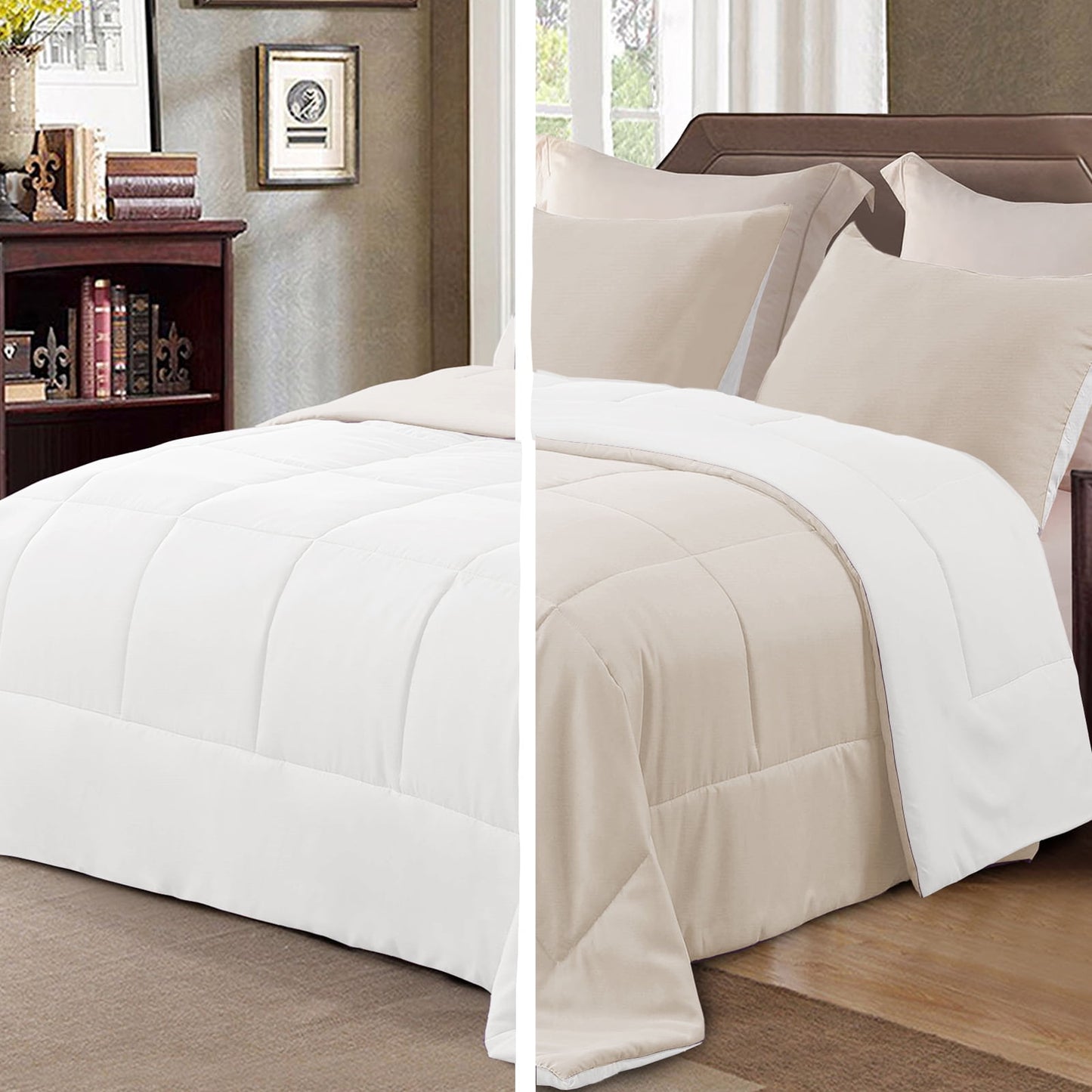 Exclusivo Mezcla Lightweight Reversible 3-Piece Comforter Set All Seasons, Down Alternative Comforter with 2 Pillow Shams, Queen Size, Beige/White