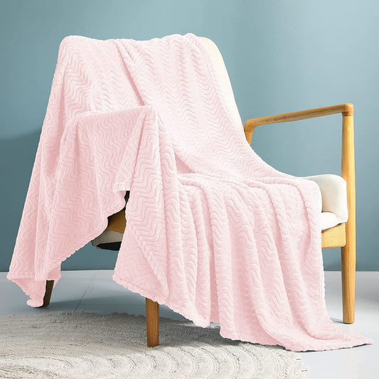 Exclusivo Mezcla Large Flannel Fleece Throw Blanket, 50x70 Inches Soft Jacquard Weave Wave Pattern Blanket for Couch, Cozy, Warm, Lightweight and Decorative Light Pink Blanket