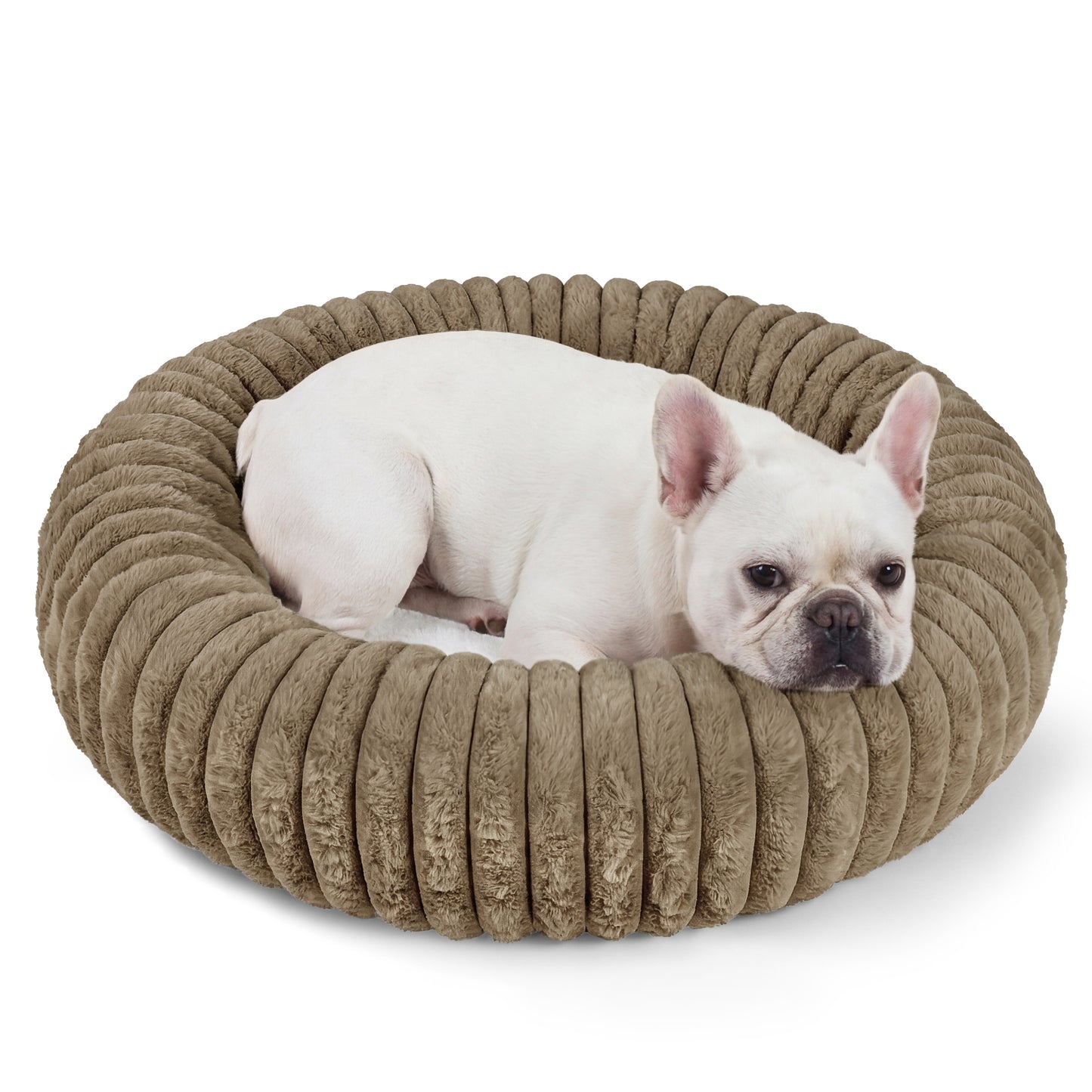 Exclusivo Mezcla Calming Donut Dog Bed, 28 Inches Soft Cozy Faux Rabbit Fur Round Fluffy Dog, Machine Washable, Khaki