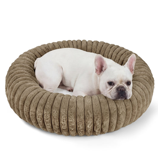 Exclusivo Mezcla Calming Donut Dog Bed, 28 Inches Soft Cozy Faux Rabbit Fur Round Fluffy Dog, Machine Washable, Khaki