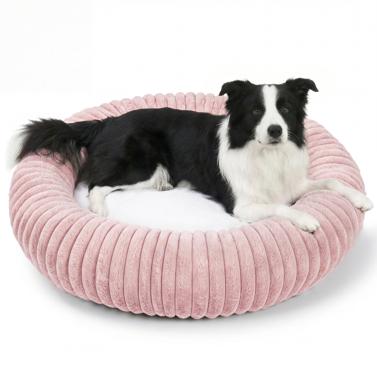 Exclusivo Mezcla Calming Donut Dog Bed, 32 inches Cozy Fluffy Faux Rabbit Fur Round Pet Bed, Machine Washable, Pink
