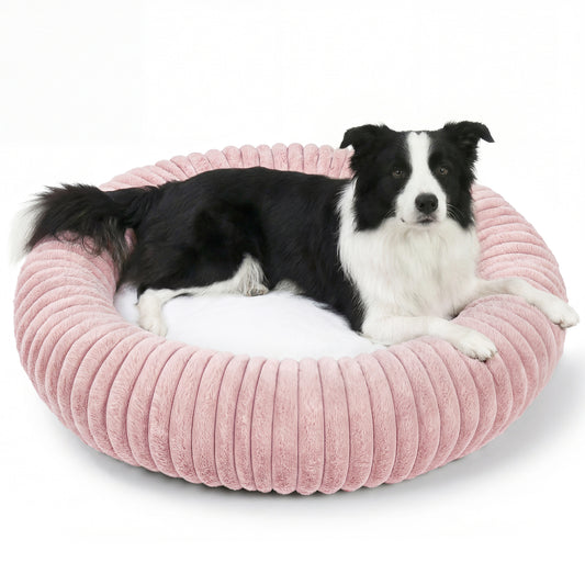 Exclusivo Mezcla Calming Donut Dog Bed, 32 inches Cozy Fluffy Faux Rabbit Fur Round Pet Bed, Machine Washable, Pink