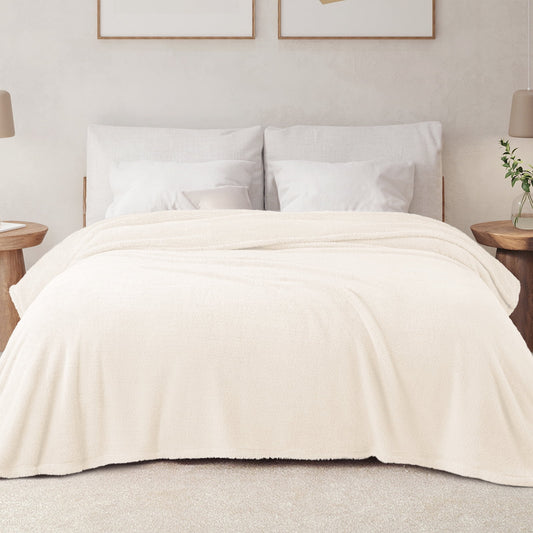 Exclusivo Mezcla Queen Size Flannel Fleece Blanket, Super Soft Velvet Plush Bed Blanket, Fuzzy Cozy Blankets for All Seasons, 90x90 Inches, Ivory Blanket
