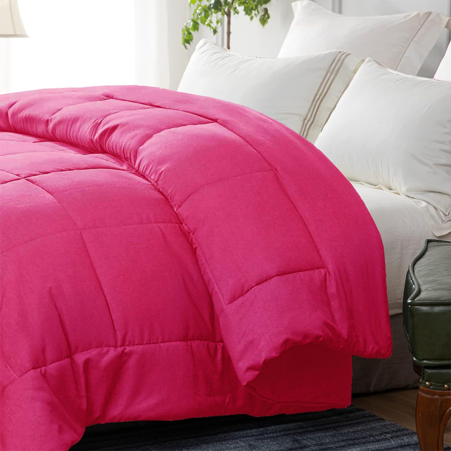 Exclusivo Mezcla Queen Comforter Set Hot Pink, 3-Piece Solid Comforter Duvet Insert with Corner Tabs, Lightweight Bedding Down Alternative Comforter for All Seasons