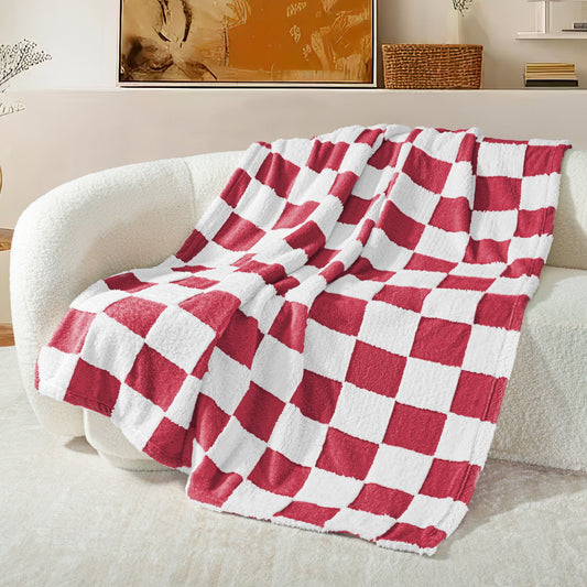 Exclusivo Mezcla Checkered Throw Blanket, Super Soft and Warm Fluffy Fleece Blanket for Couch, Sofa, Bed, Cute Plaid Pattern, Red, 50" x 60"