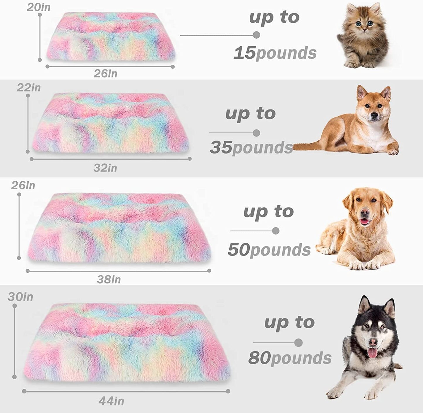 Exclusivo Mezcla Soft Plush Dog Bed Crate Mat for Large Dogs (44*30*4 in), Faux Fur Fluffy Dog Pet Cat Kennel Pad with Anti-Slip Bottom, Machine Washable, Rainbow