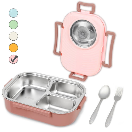Exclusivo Mezcla Stainless Steel Bento Lunch Box for Kids and Adults, Stackable BPA-Free Food Containers with 3 Compartments and Reusable Sauce Bowl, Fork and Spoon, (1000ml/34oz, Pink)