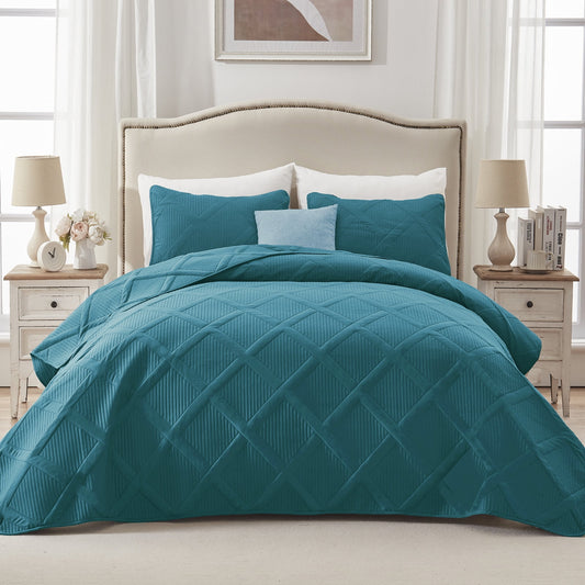 Exclusivo Mezcla Ultrasonic King Quilt Set, Lightweight Bedspreads Modern Striped Coverlet with 2 Pillow Shams, Teal