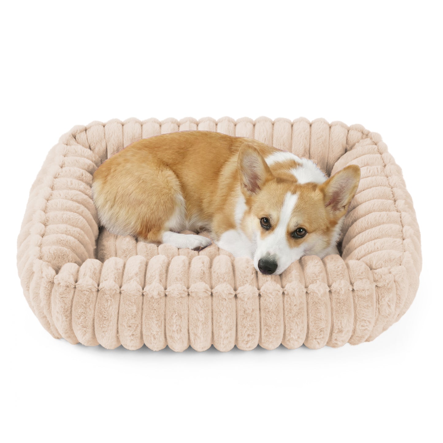 Exclusivo Mezcla Ribbed Plush Cuddler Dog Bed, 24"x20" Calming Pet Bed with Non-Slip Bottom for Medium Dogs, Machine Washable, Apricot