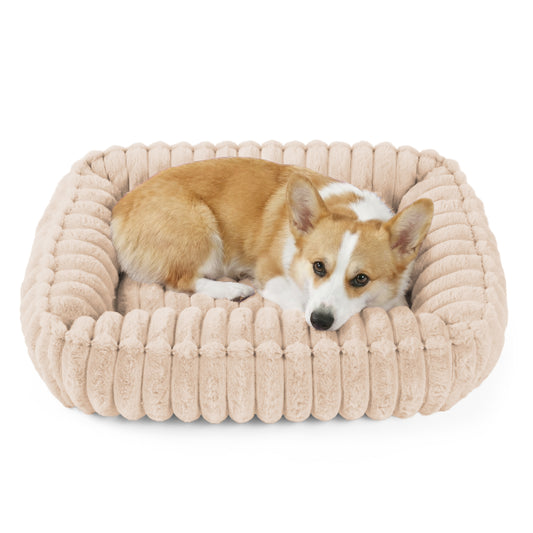 Exclusivo Mezcla Ribbed Plush Cuddler Dog Bed, 24"x20" Calming Pet Bed with Non-Slip Bottom for Medium Dogs, Machine Washable, Apricot