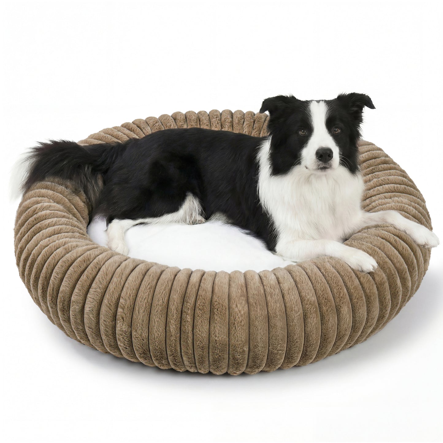 Exclusivo Mezcla Calming Donut Dog Bed, 32 inches Cozy Fluffy Faux Rabbit Fur Round Pet Bed, Machine Washable, Khaki