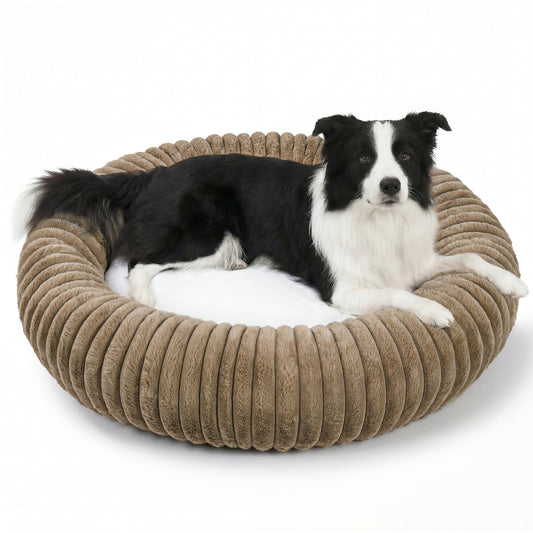 Exclusivo Mezcla Calming Donut Dog Bed, 32 inches Cozy Fluffy Faux Rabbit Fur Round Pet Bed, Machine Washable, Khaki
