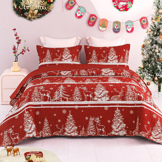 Exclusivo Mezcla Christmas Quilt Set King Size Bedding Set, Reversible Rust Red Striped Bedspreads/ Coverlets with Christmas Trees Snowflakes Pattern, for Holiday Decoration and Gifts