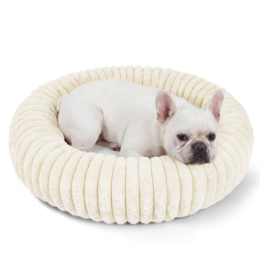 Exclusivo Mezcla Calming Donut Dog Bed, 28 inches Cozy Fluffy Faux Rabbit Fur Round Pet Bed, Machine Washable, Ivory