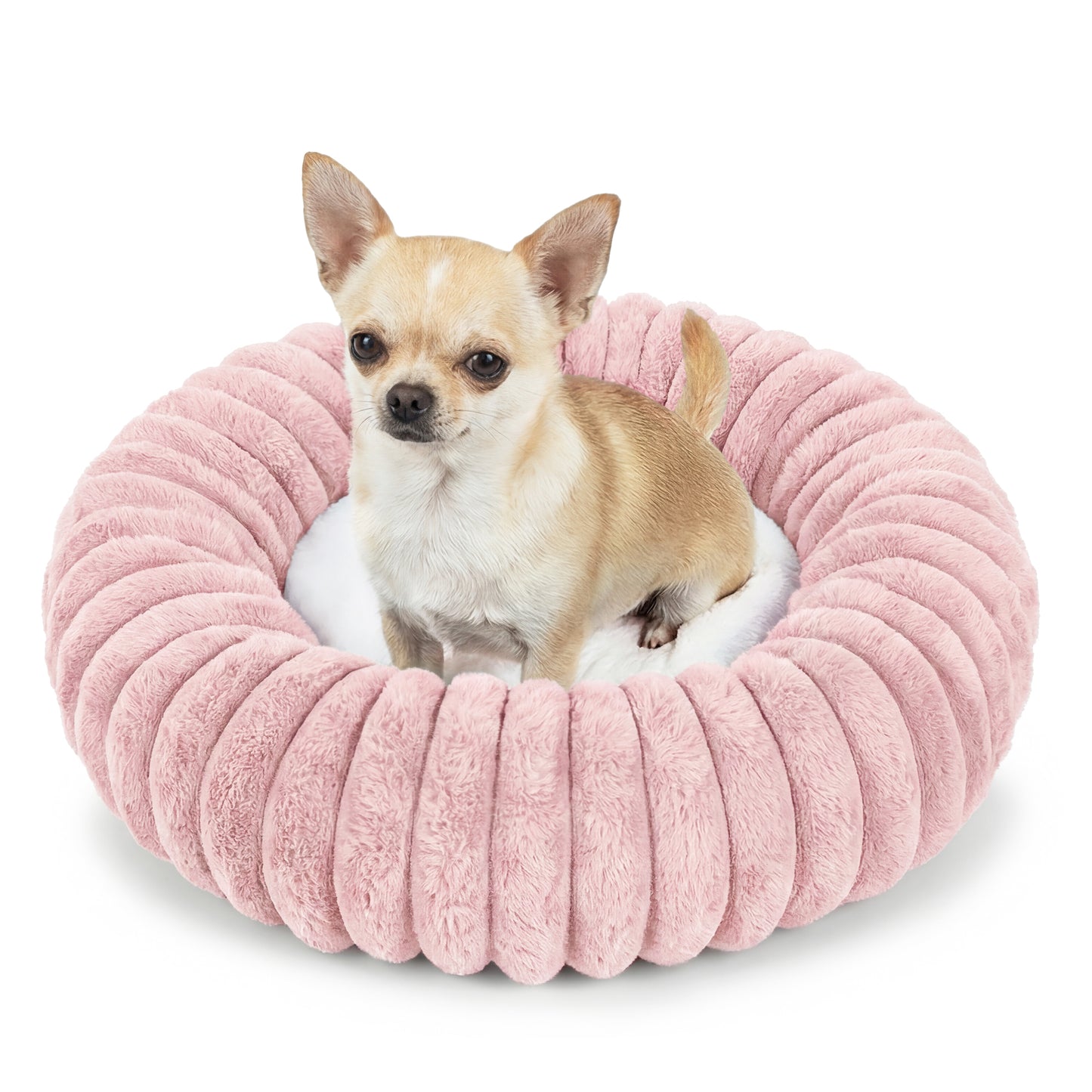Exclusivo Mezcla Calming Donut Dog Bed, 20 inches Cozy Fluffy Faux Rabbit Fur Round Pet Bed, Machine Washable, Pink