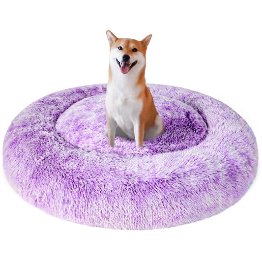 Exclusivo Mezcla Calming Donut Pet Bed for Large Dogs 36", Anti-Anxiety Plush Cozy Warming Dog Bed, Gradient Purple