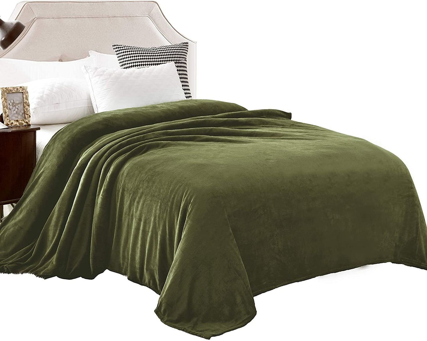Exclusivo Mezcla King Size Flannel Fleece Velvet Plush Bed Blanket as Bedspread, Coverlet, Bed Cover (90x104 inches, Olive Green) Soft, Lightweight, Warm and Cozy