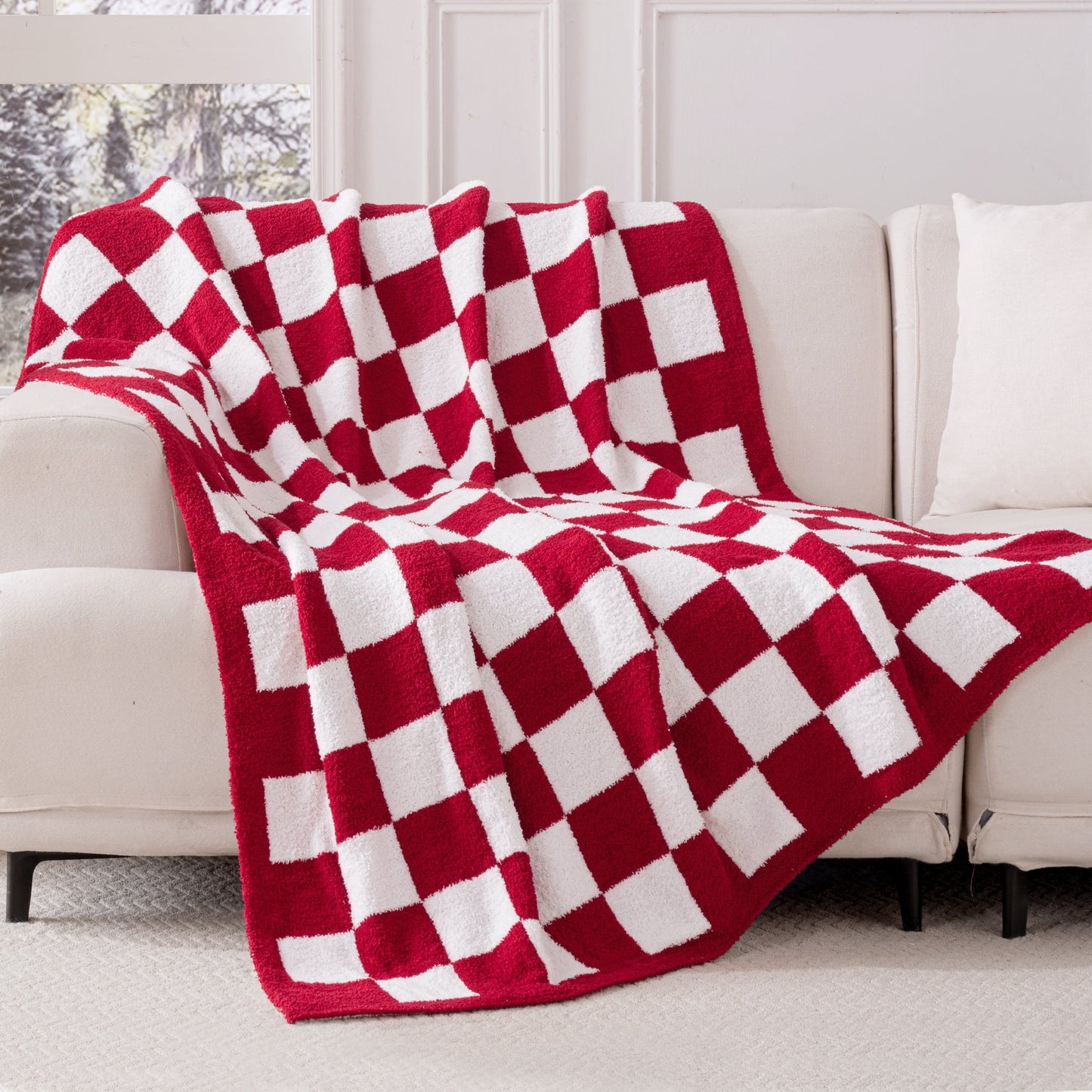 Exclusivo Mezcla Checkered Knit Throw Blanket, Ultra Soft Cozy Fluffy Checkerboard Blankets, Lightweight Fuzzy Plush Throw for Couch and Bed, Red, 50"x60"