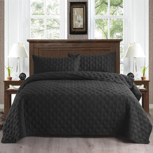 Exclusivo Mezcla Bed Quilt Set Queen Size for All Seasons, Stitched Pattern Quilted Bedspread/ Bedding Set/ Coverlet with 2 Pillow shams, Lightweight and Soft, Black