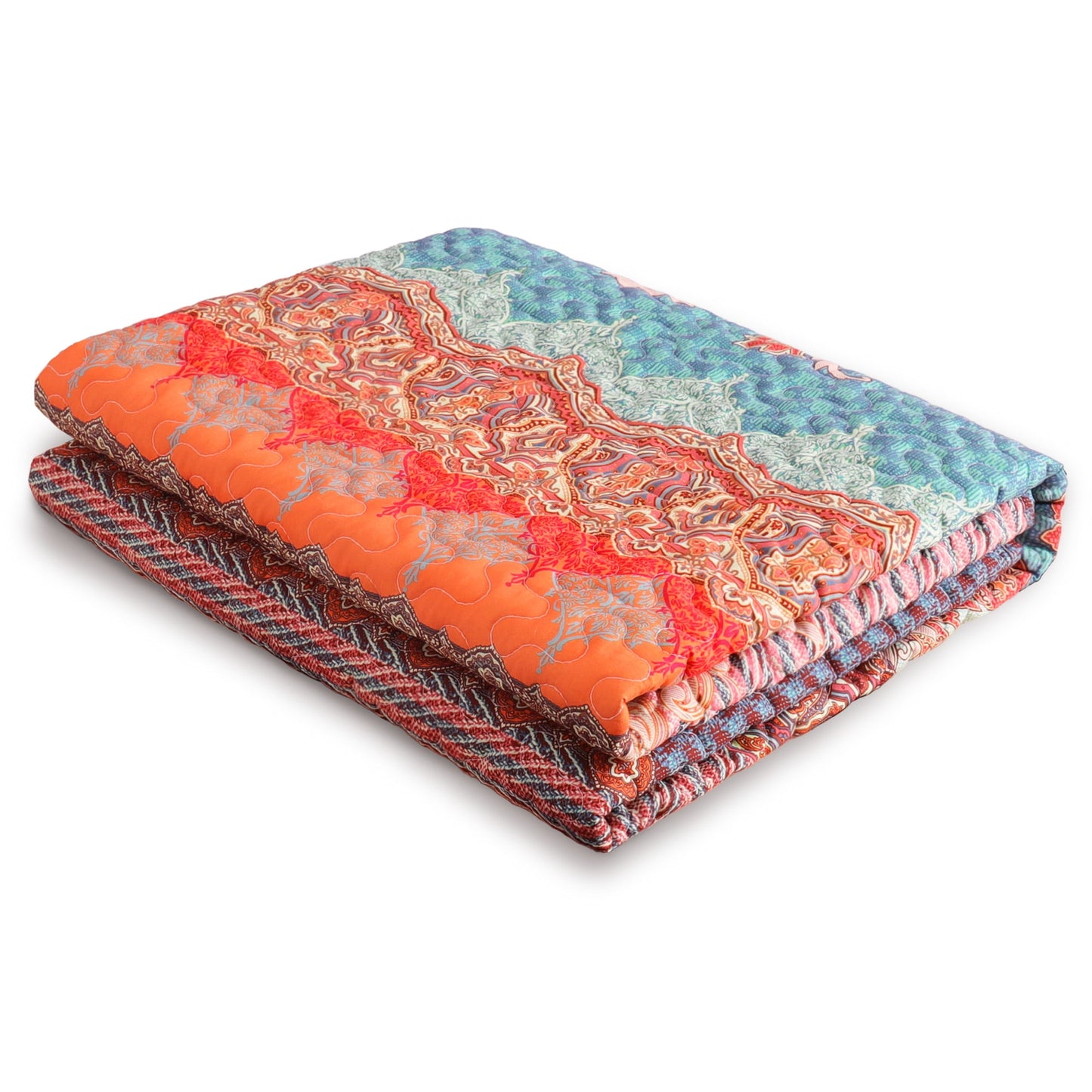 Exclusivo Mezcla Microfiber Reversible Boho Striped Pattern Quilted Throw Blanket for Bed, Soft and Lightweight Throw Quilt (60"x 80", Teal)
