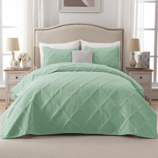 Exclusivo Mezcla Ultrasonic Full Queen Quilt Set, Lightweight Bedspreads Modern Striped Coverlet with 2 Pillow Shams, Mint Green