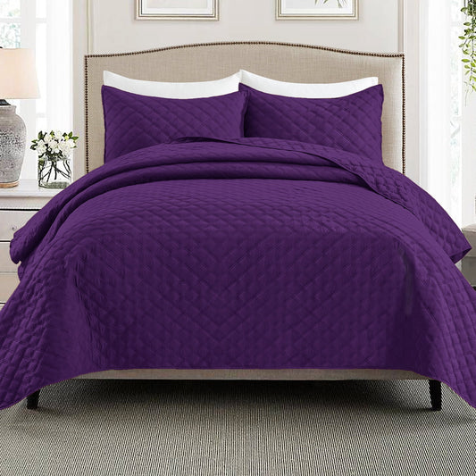 Exclusivo Mezcla 3-Piece Deep Purple King Size Quilt Set, Box Pattern Ultrasonic Lightweight and Soft Quilts/Bedspreads/Coverlets/Bedding Set (1 Quilt, 2 Pillow Shams) for All Seasons