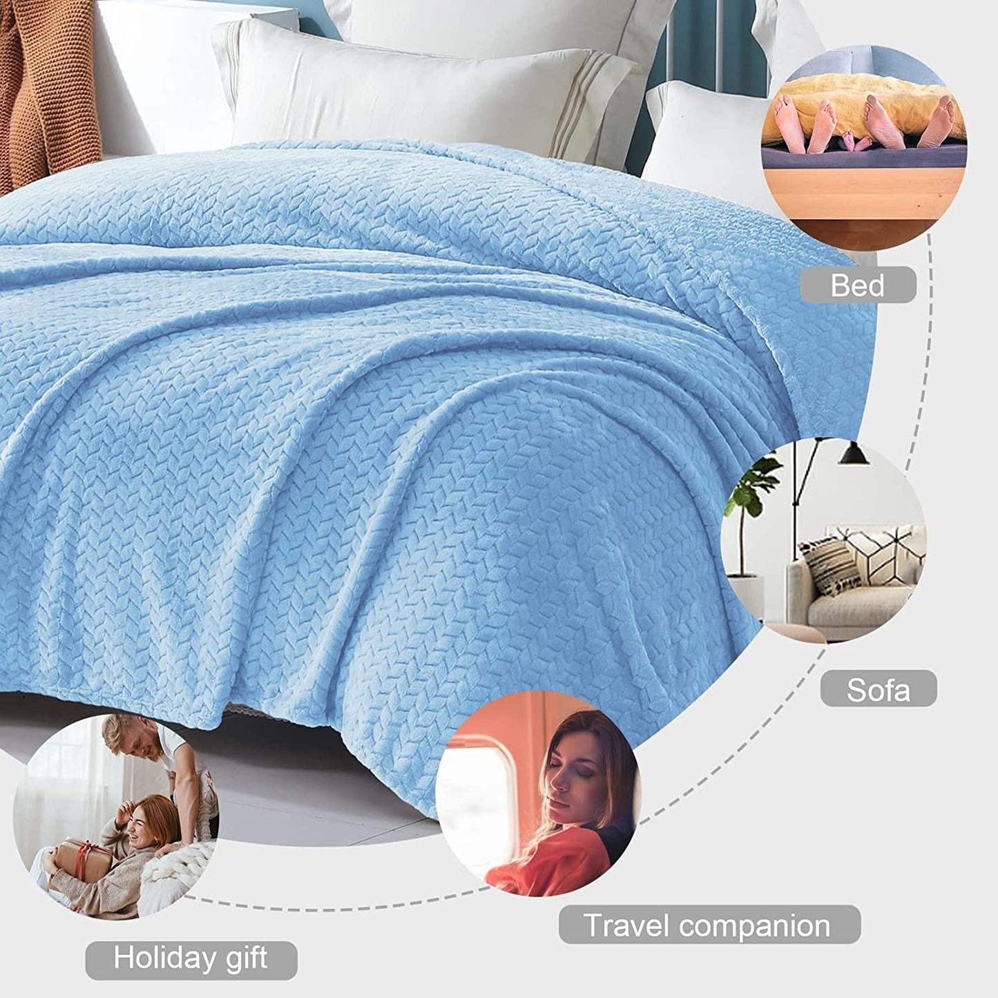 Exclusivo Mezcla King Size Flannel Fleece Blanket, 90x104 Inches Soft Jacquard Weave Leaves Pattern Velvet Plush Blanket for Bed, Cozy, Warm, Lightweight and Decorative Baby Blue Blanket