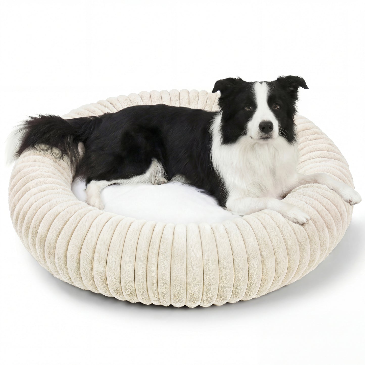 Exclusivo Mezcla Calming Donut Dog Bed, 32 inches Cozy Fluffy Faux Rabbit Fur Round Pet Bed, Machine Washable, Ivory