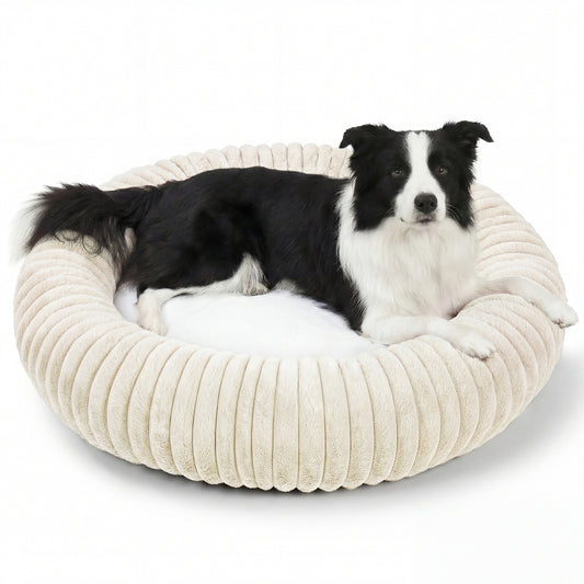 Exclusivo Mezcla Calming Donut Dog Bed, 32 inches Cozy Fluffy Faux Rabbit Fur Round Pet Bed, Machine Washable, Ivory