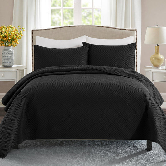 Exclusivo Mezcla 3-Piece Black Queen Size Quilt Set, Square Pattern Ultrasonic Lightweight and Soft Quilts/Bedspreads/Coverlets/Bedding Set (1 Quilt, 2 Pillow Shams) for All Seasons