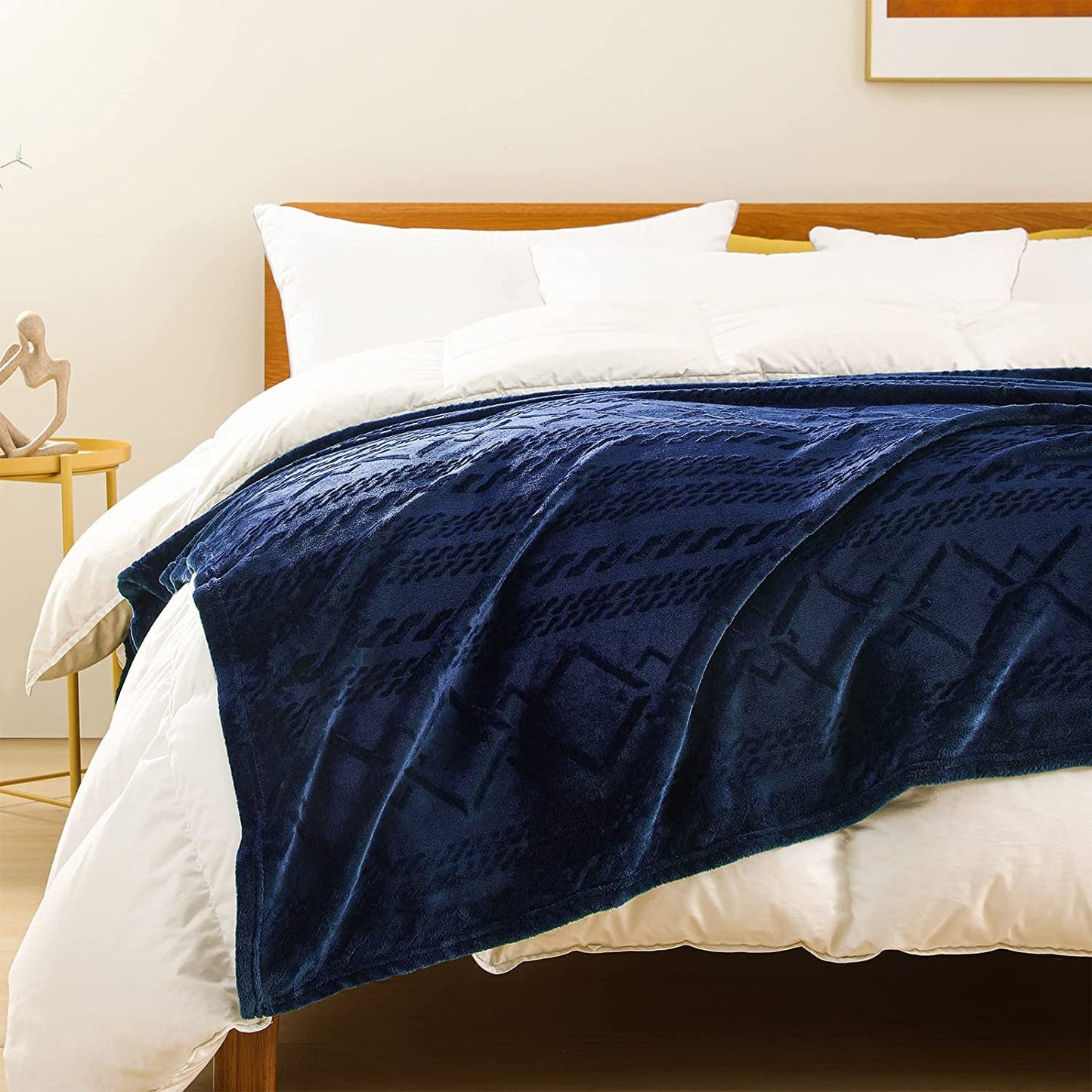 Exclusivo Mezcla Queen Size Soft Bed Blanket, Warm Fuzzy Luxury Bed Blankets, Decorative Geometry Pattern Plush Throw Blanket for Bed, 90x90 Inches, Navy Blue
