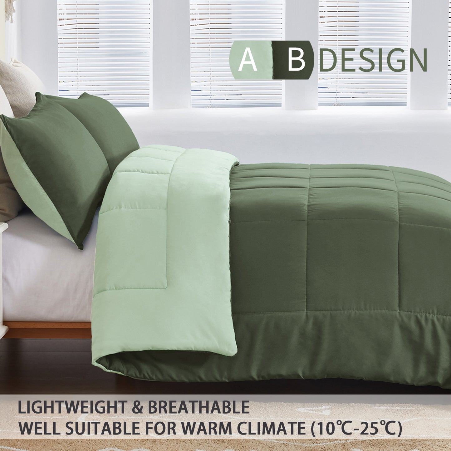 Exclusivo Mezcla Lightweight Reversible 3-Piece Comforter Set All Seasons, Down Alternative Comforter with 2 Pillow Shams, Queen Size, Emerald/Mint