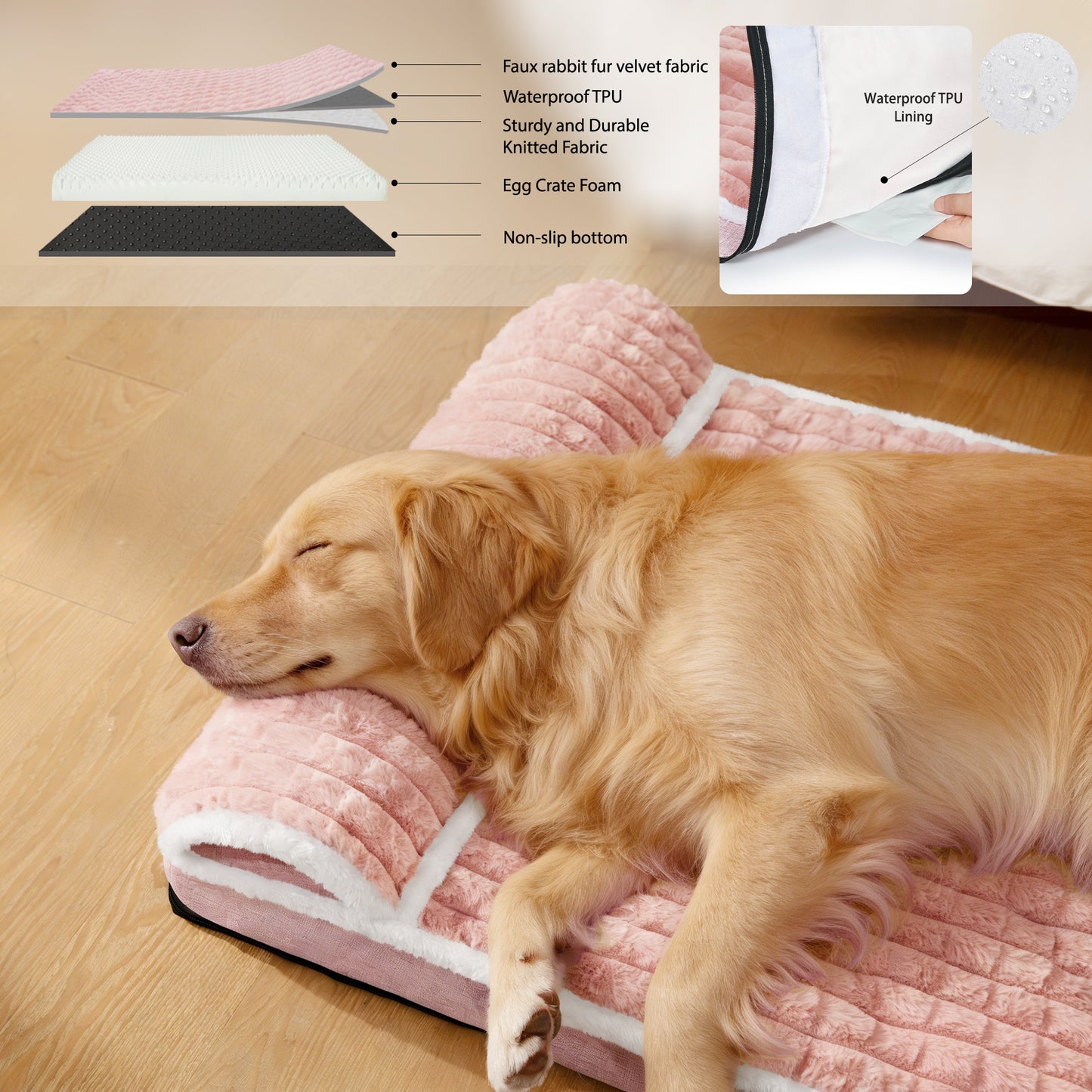Exclusivo Mezcla Orthopedic Dog Bed with Head Pillow for Extra Large Dogs, Removable and Machine-Washable Cover, 56"X40", Pink