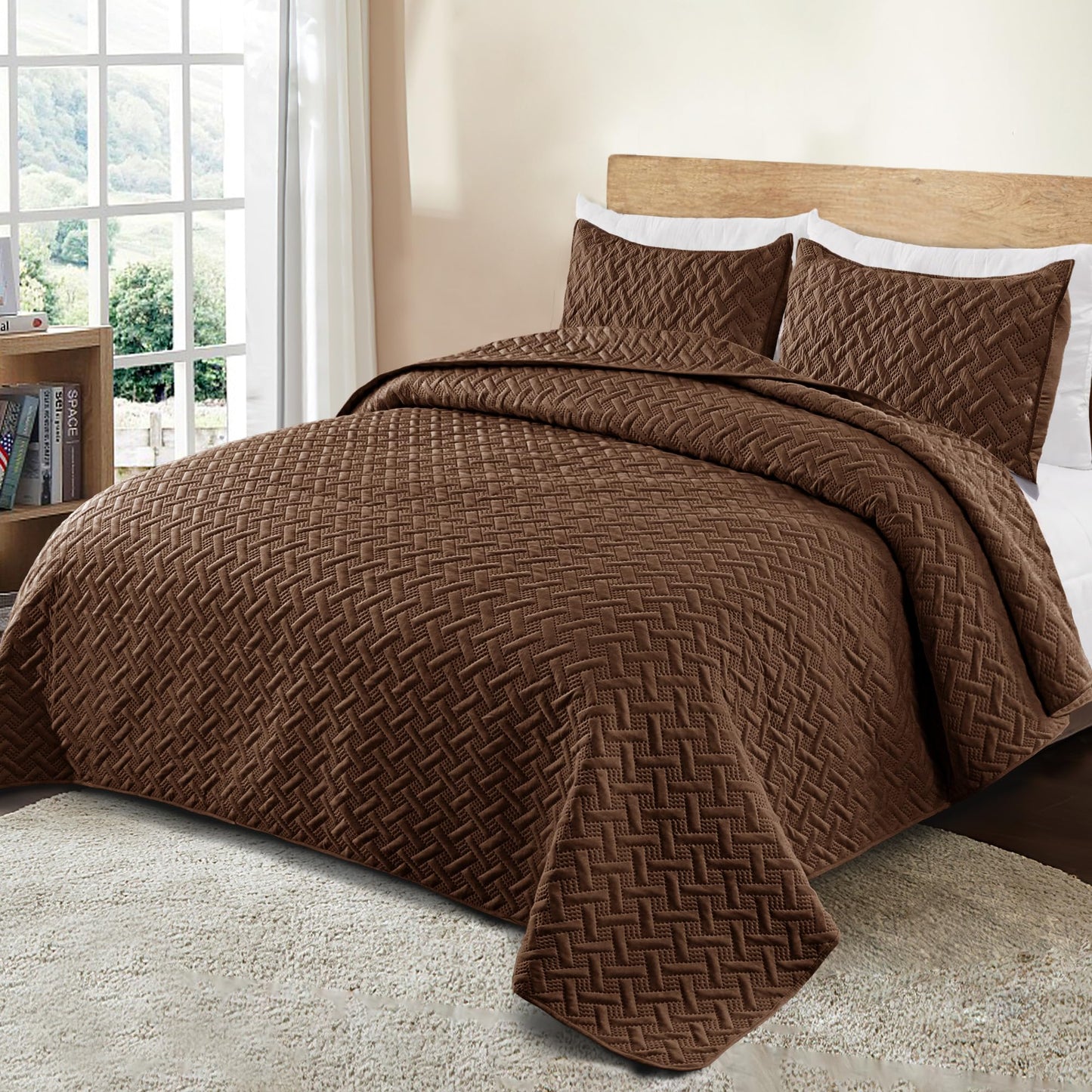 Exclusivo Mezcla Soft Quilt Set Queen Full Size, 3 Pieces Lightweight Quilts Brown Bedspreads Coverlets Bedding Set for All Seasons, Weave Pattern