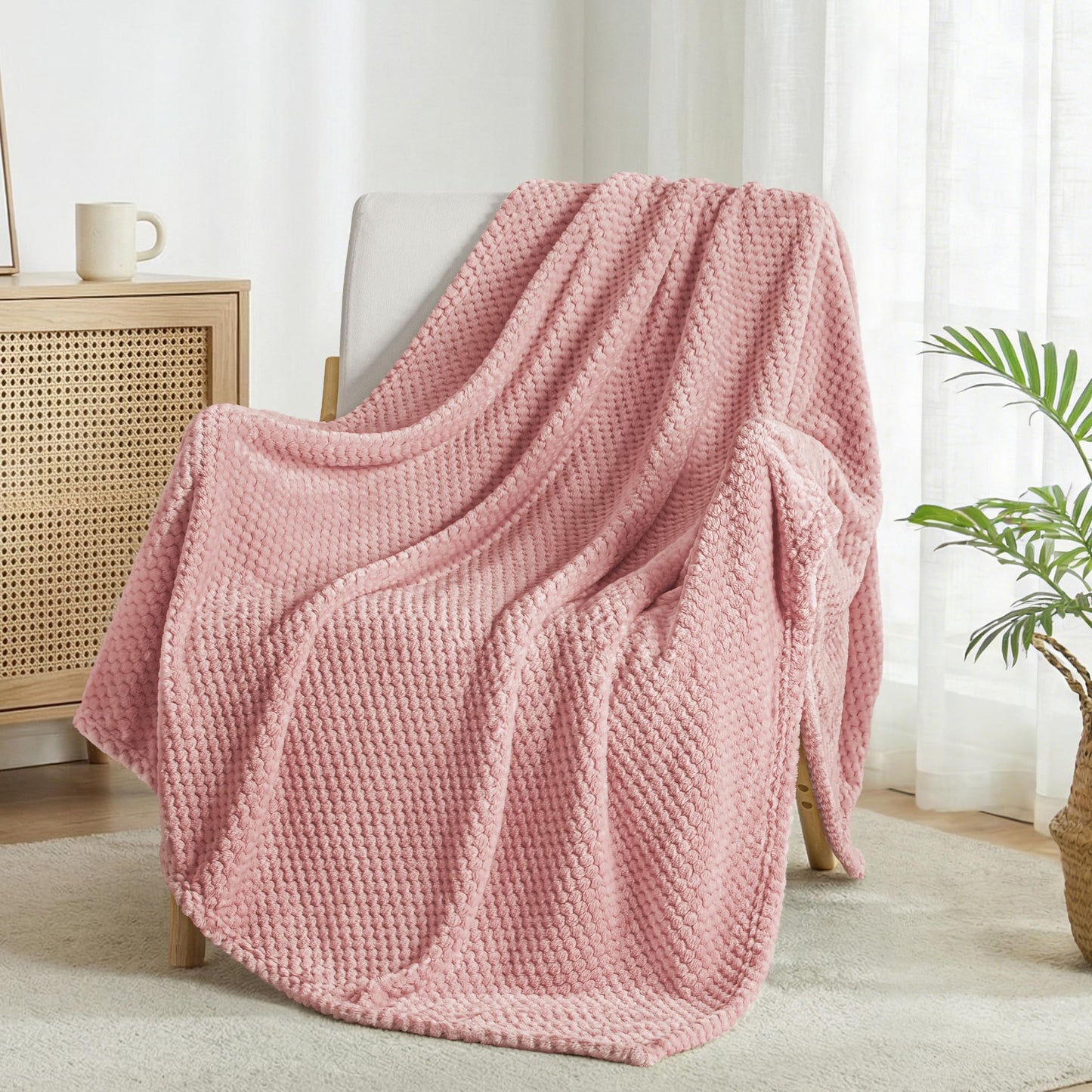 Exclusivo Mezcla Fleece Bed Blanket Twin Size, Super Soft and Warm Blankets for Couch, Sofa and Bed Waffle Textured, Cozy, Fuzzy and Lightweight (Dusty Pink, 60x80 inches)