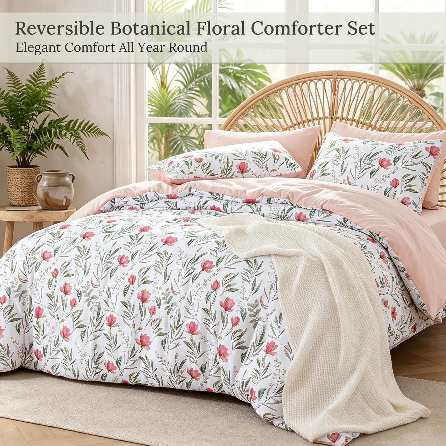 Exclusivo Mezcla Floral Full Comforter Set, 3 Pieces Lightweight Reversible Soft Bedding Comforters for All Seasons, Pink Botanical Flowers Pattern