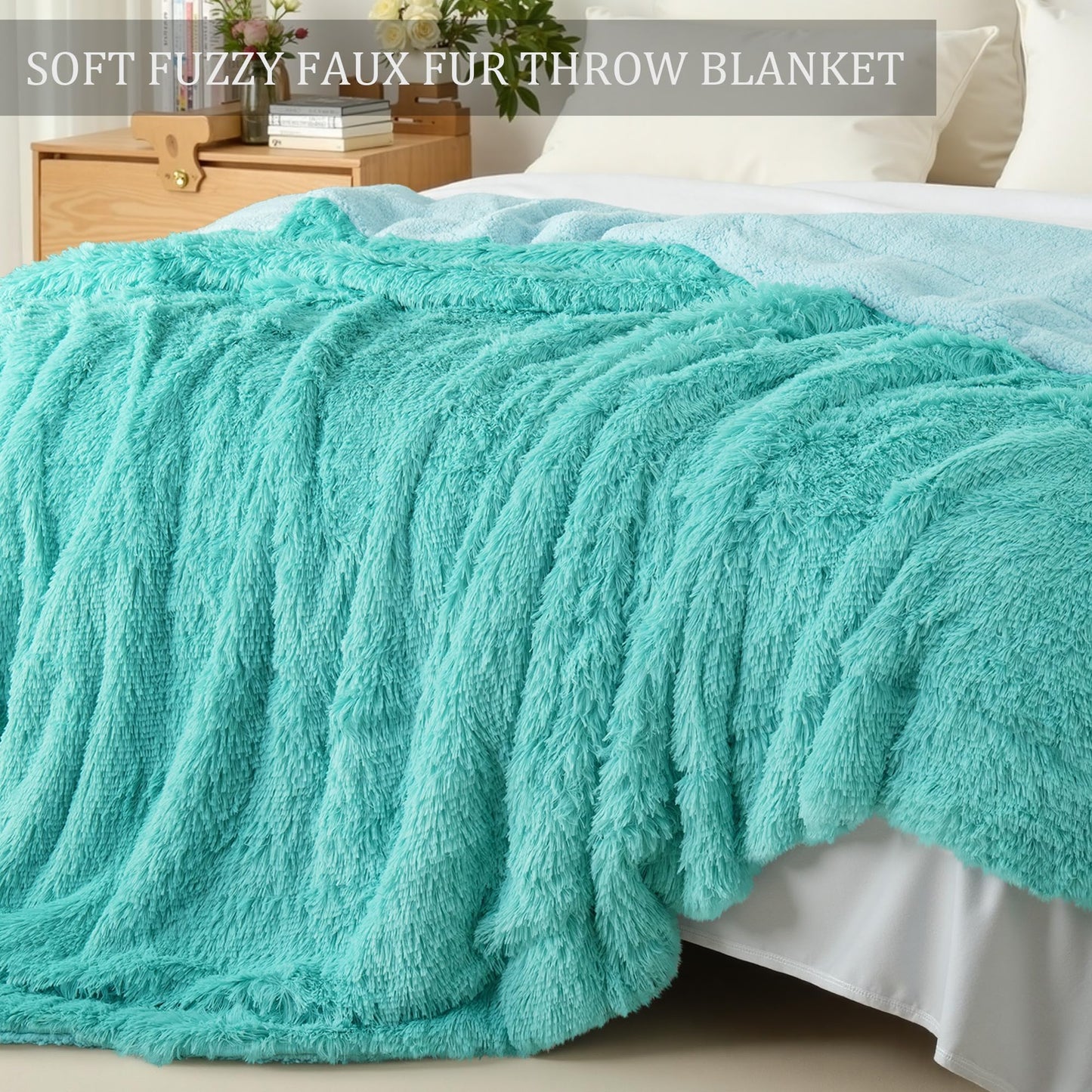 Exclusivo Mezcla Fuzzy Faux Fur Throw Blanket, Reversible Shaggy Sherpa Fleece Blankets,Fluffy Plush Warm Throws for Couch, Bed, 50x60 Inches, Teal