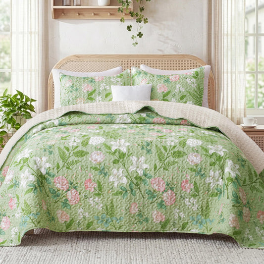 Exclusivo Mezcla Floral Quilts Queen Size, Green Queen Quilt Bedding Set with Blooming Vintage Garden Pattern, Reversible Lightweight Bedspreads Coverlets Bed Cover for All Seasons (92"x96")