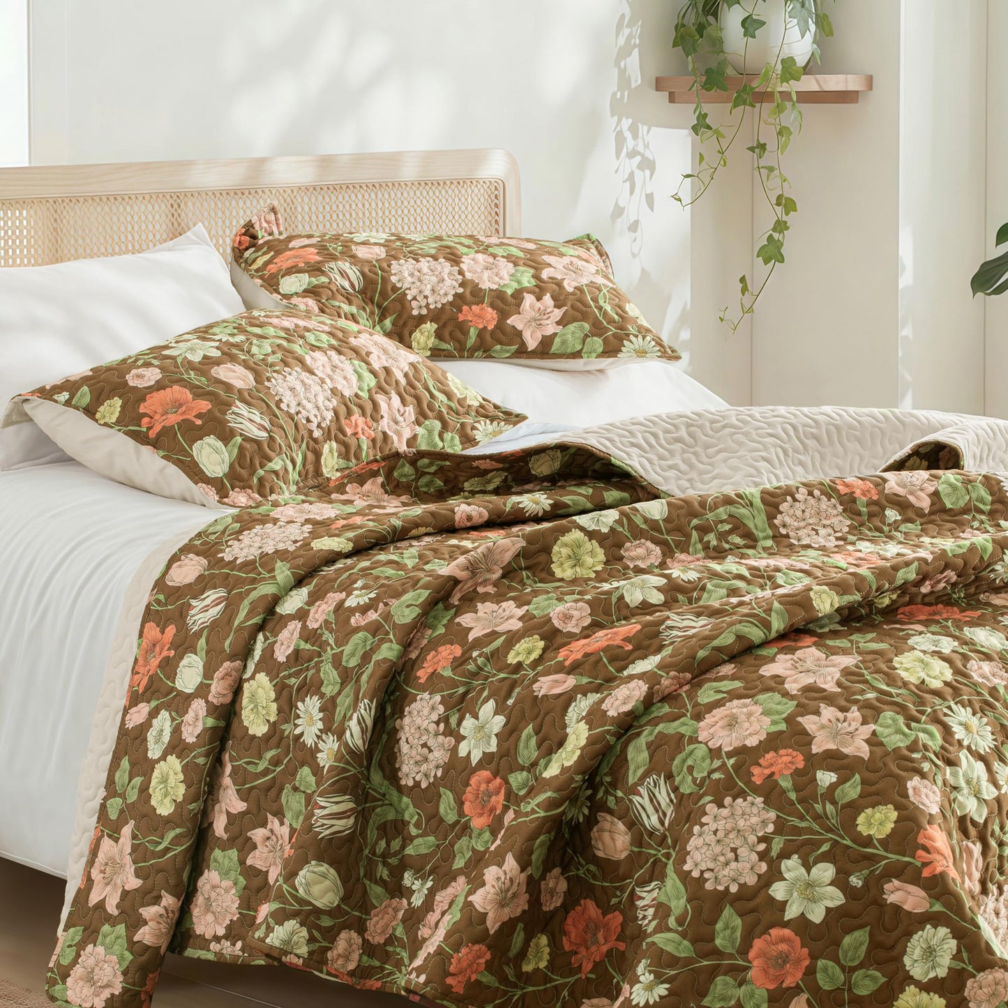 Exclusivo Mezcla Floral Quilts Queen Size, Brown Queen Quilt Bedding set with Cottagecore Garden Pattern , Reversible Lightweight Spring Bedspreads Coverlets Bed Cover for All Seasons (92"x96")