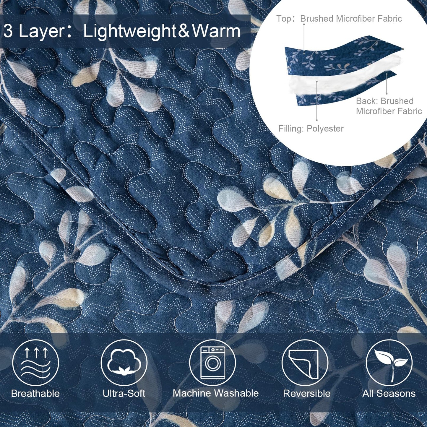 Exclusivo Mezcla Microfiber Queen Size Quilt Set, 3 Piece Lightweight Bedspreads/ Coverlet/ Bedding Set with 2 Pillow Shams, Gradient Floral Pattern, (96"x 92", Navy)