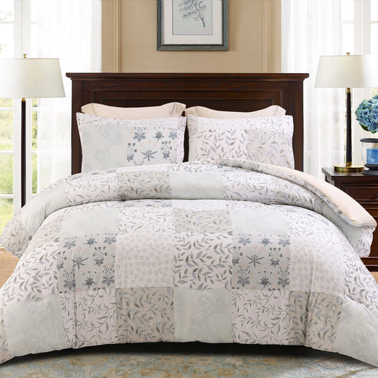 Exclusivo Mezcla 3-Piece Patchwork Queen Comforter Set, Microfiber Bedding Down Alternative Comforter for All Seasons with 2 Pillow Shams, Grey and Camel