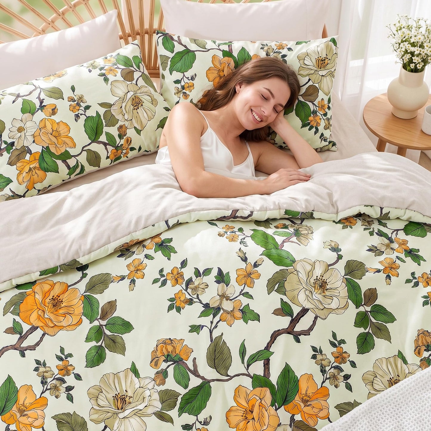 Exclusivo Mezcla Floral King Comforter Set, 3 Pieces Lightweight Reversible Soft Bedding Comforters for All Seasons, Yellow Botanical Flowers Pattern