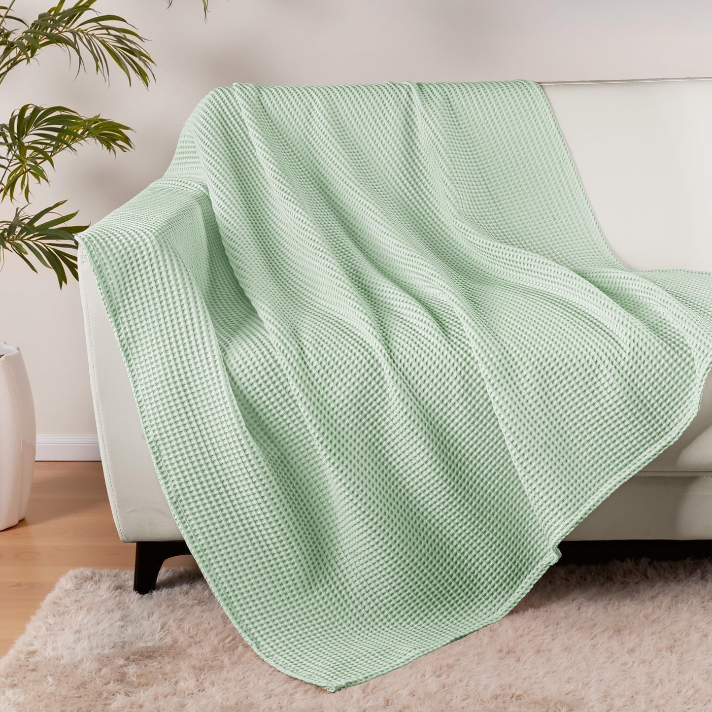 Exclusivo Mezcla 100% Cotton Waffle Weave Throw Blanket, Soft, Lightweight and Breathable Muslin Gauze Blanket for Couch, Sofa, All Season, 50"x70", Sage Green