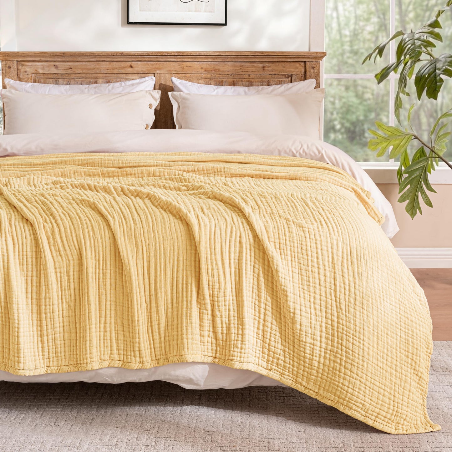 Exclusivo Mezcla 100% Cotton Muslin King Size Blanket 90"x104",6 Layers Breathable and Lightweight Yellow Gauze Blankets