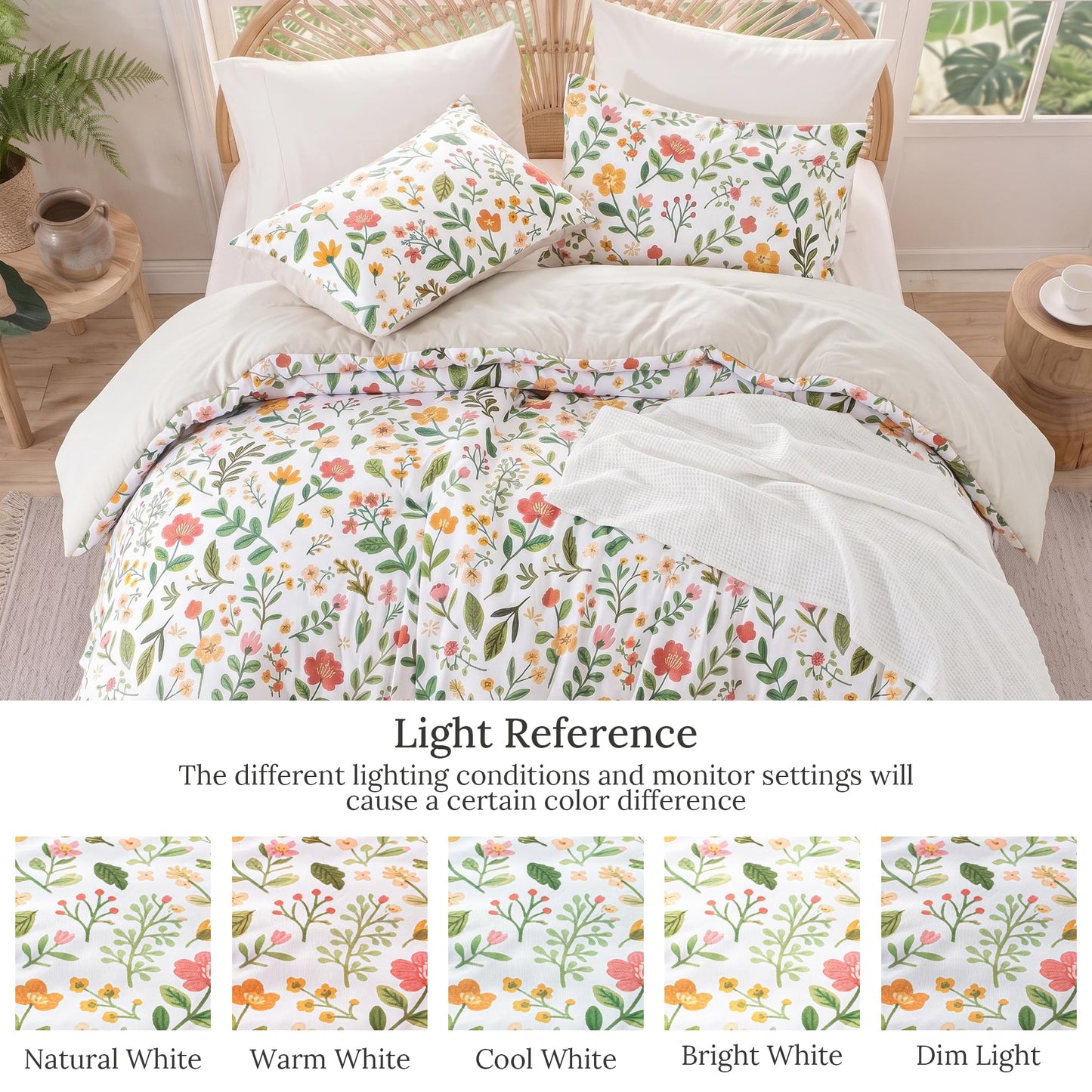 Exclusivo Mezcla Floral Full Comforter Set, 3 Pieces Lightweight Reversible Soft Bedding Comforters for All Seasons, White Botanical Garden Pattern